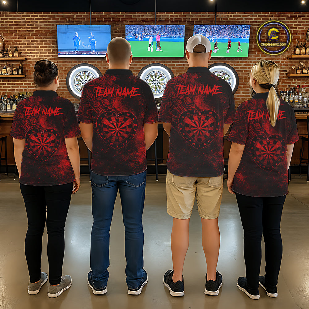 Red Grunge Roses Heart Dartboard Men Darts Valentine Shirt Custom Dart Quarter-Zip Couple Gifts NYN2573