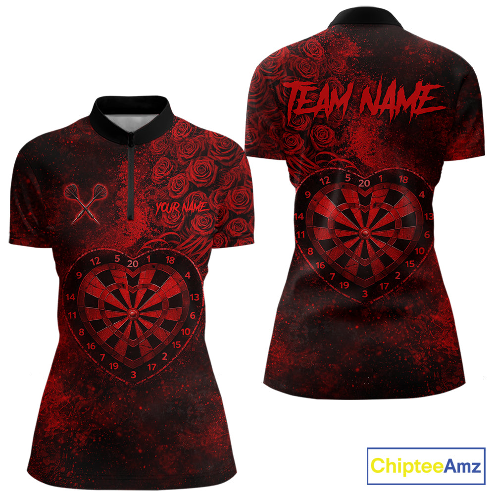 Red Grunge Roses Heart Dartboard Women Darts Valentine Shirt Custom Dart Quarter-Zip Couple Gifts NYN2573