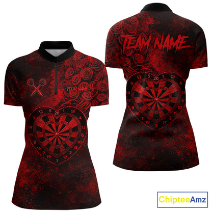 Red Grunge Roses Heart Dartboard Women Darts Valentine Shirt Custom Dart Quarter-Zip Couple Gifts NYN2573