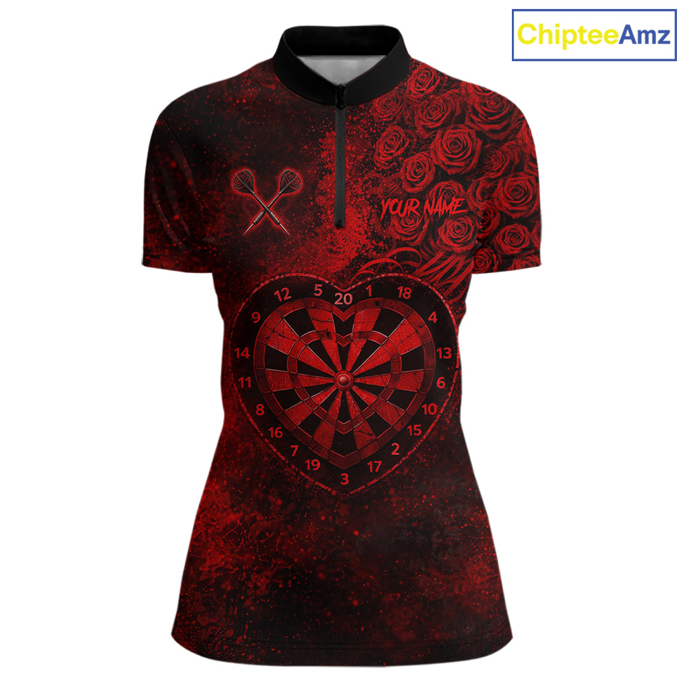 Red Grunge Roses Heart Dartboard Women Darts Valentine Shirt Custom Dart Quarter-Zip Couple Gifts NYN2573