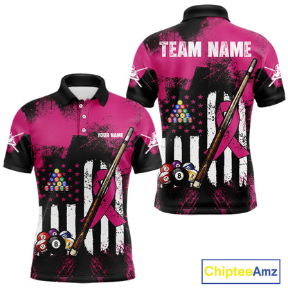Pink Ribbon Grunge US Flag Patriotic Men Billiard Shirts Custom Breast Cancer Billiard Jerseys  NYN2943
