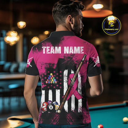 Pink Ribbon Grunge US Flag Patriotic Men Billiard Shirts Custom Breast Cancer Billiard Jerseys  NYN2943
