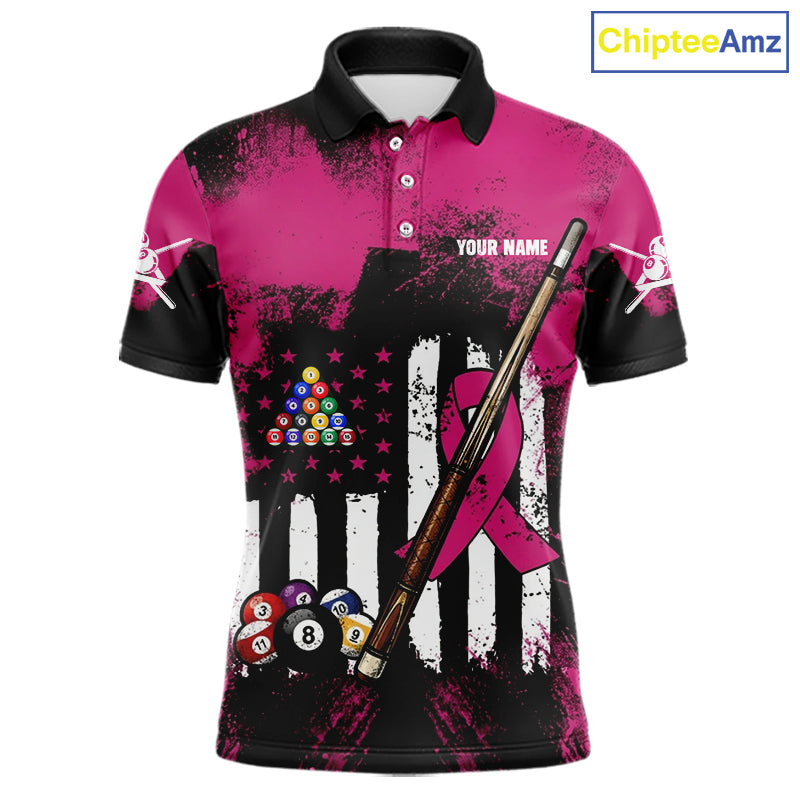 Pink Ribbon Grunge US Flag Patriotic Men Billiard Shirts Custom Breast Cancer Billiard Jerseys  NYN2943