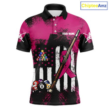 Load image into Gallery viewer, Pink Ribbon Grunge US Flag Patriotic Men Billiard Shirts Custom Breast Cancer Billiard Jerseys  NYN2943