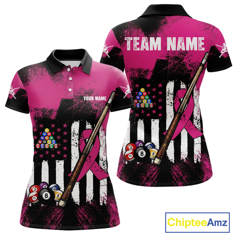 Pink Ribbon Grunge US Flag Patriotic Women Billiard Shirts Custom Breast Cancer Billiard Jerseys  NYN2943