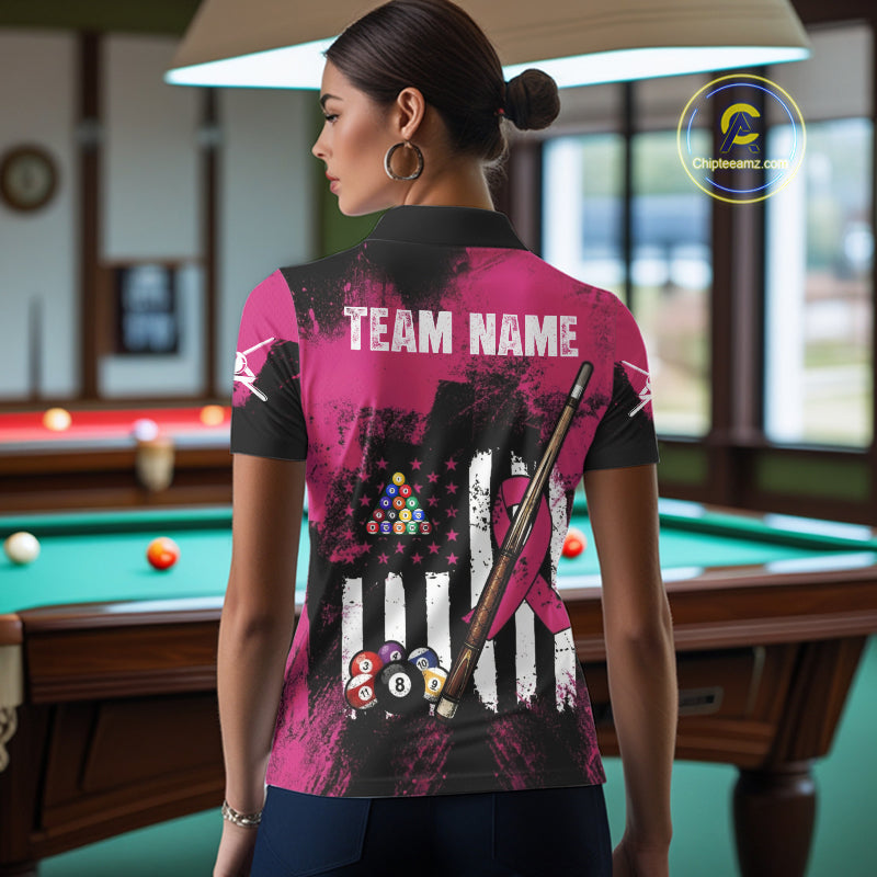Pink Ribbon Grunge US Flag Patriotic Women Billiard Shirts Custom Breast Cancer Billiard Jerseys  NYN2943