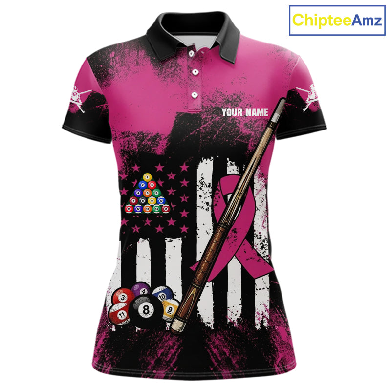 Pink Ribbon Grunge US Flag Patriotic Women Billiard Shirts Custom Breast Cancer Billiard Jerseys  NYN2943