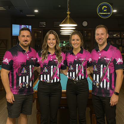 Pink Ribbon Grunge US Flag Patriotic Men Billiard Shirts Custom Breast Cancer Billiard Jerseys  NYN2943