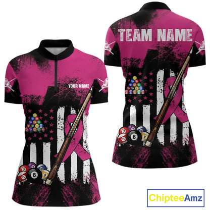 Pink Ribbon Grunge US Flag Patriotic Women Billiard Shirts Custom Breast Cancer Billiard Jerseys  NYN2943