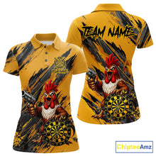 Load image into Gallery viewer, Black and yellow grunge rooster gun dart polo shirt custom dart clothing for women