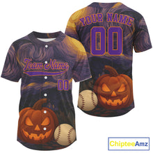 Load image into Gallery viewer, Custom Pumpkin Funny Halloween Baseball Jersey For Men Purple Halloween Baseball Shirt NYN0827