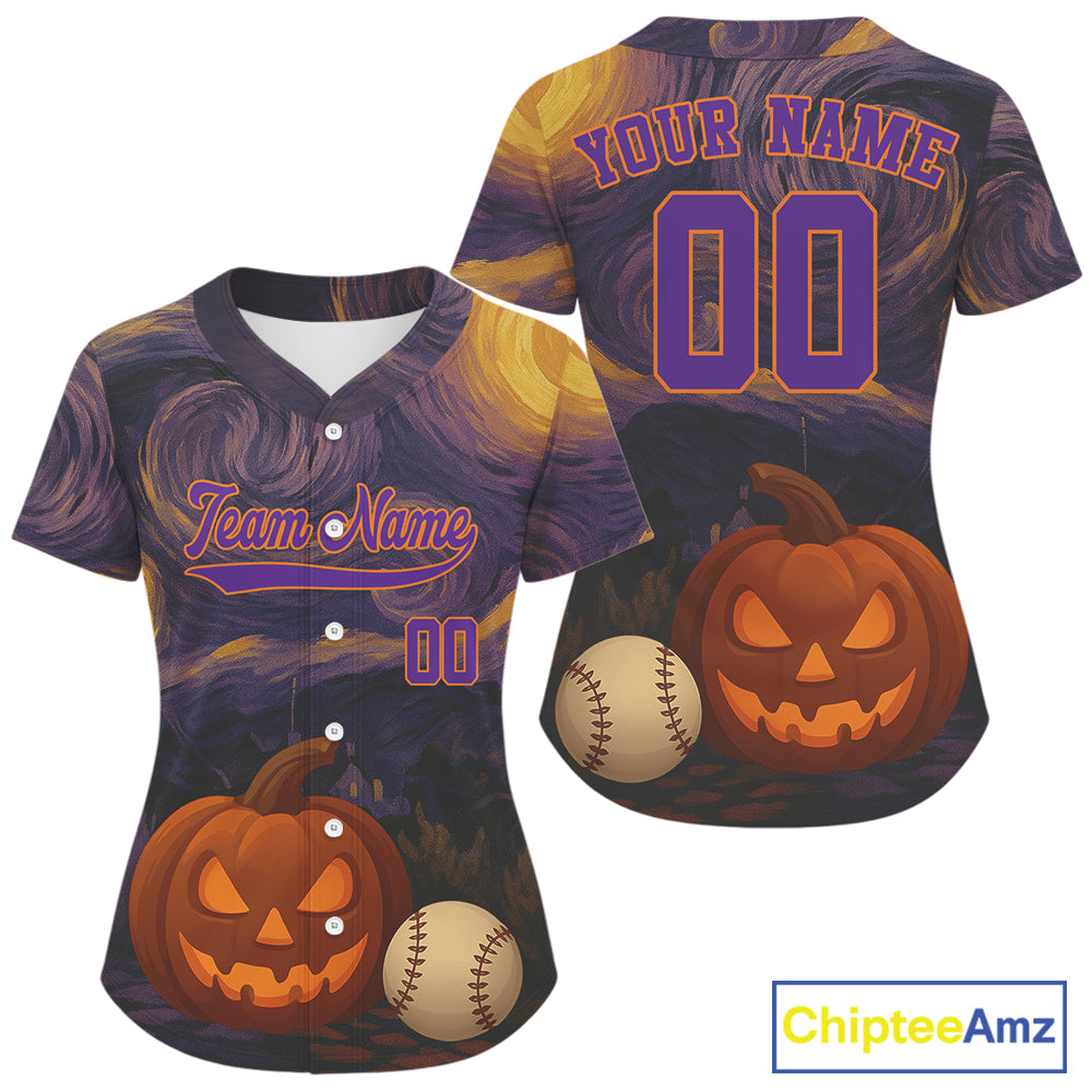 Custom Pumpkin Funny Halloween Baseball Jersey For Women Purple Halloween Baseball Shirt NYN0827