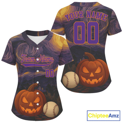 Custom Pumpkin Funny Halloween Baseball Jersey For Women Purple Halloween Baseball Shirt NYN0827