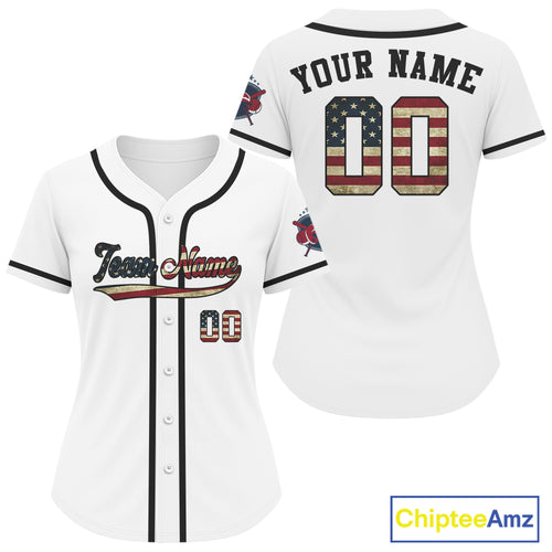 White Women’s Patriotic Baseball Jersey Minimalist USA Flag | Custom Name, Number & Logo NYN0828