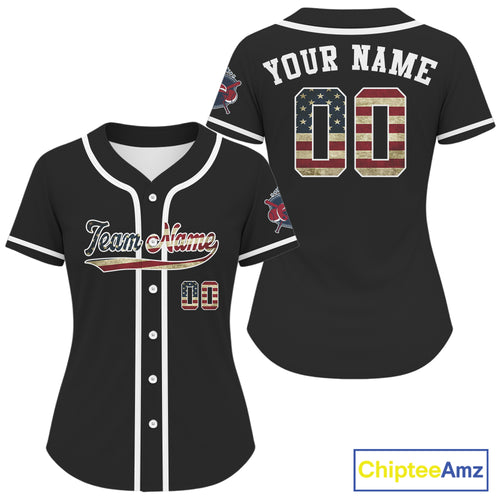 Black Patriotic Baseball Jersey For Women Minimalist US Flag | Custom Name, Number & Logo NYN0829