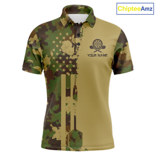 Green Beige Camo Men's Dart Polo Shirt, Personalized Patriot Dart League Jersey, Tactical Athletic Apparel