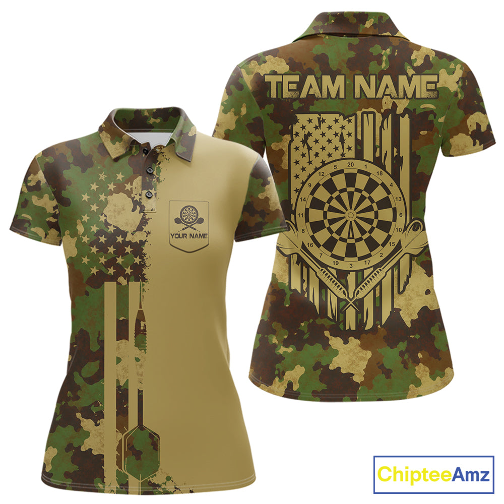 Green & Beige Camo Dart Team Shirt For Women Personalized Patriot Dartboard US Flag Team Dart Jersey NYN3895