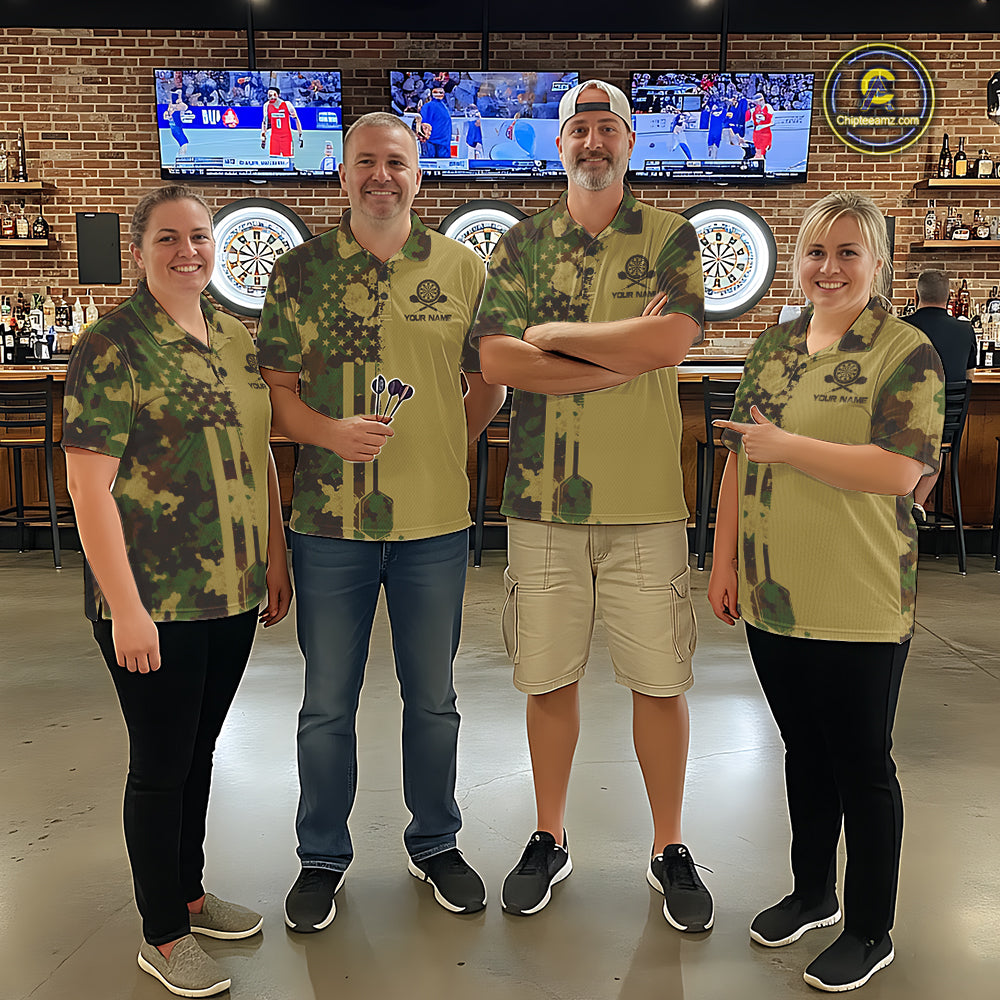 Dart team wearing matching Green Beige Camo jerseys, personalized patriotic uniforms, hunting, military support, outdoor adventure, teamwork