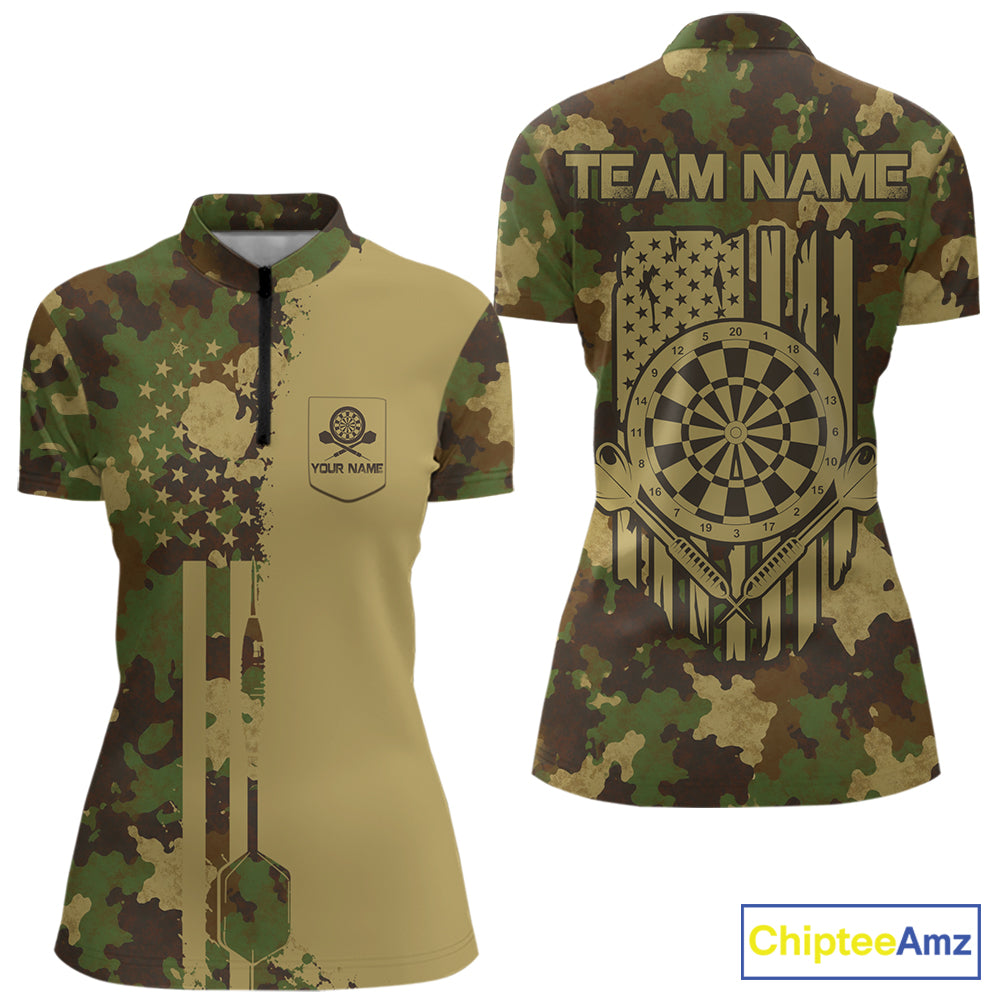Green & Beige Camo Dart Team Shirt For Women Personalized Patriot Dartboard US Flag Team Dart Jersey NYN3895