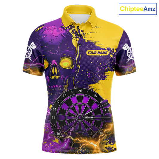Skull Thunder Men's Dart Polo Shirt, Personalized Purple Yellow Dart League Jersey, Athletic Apparel