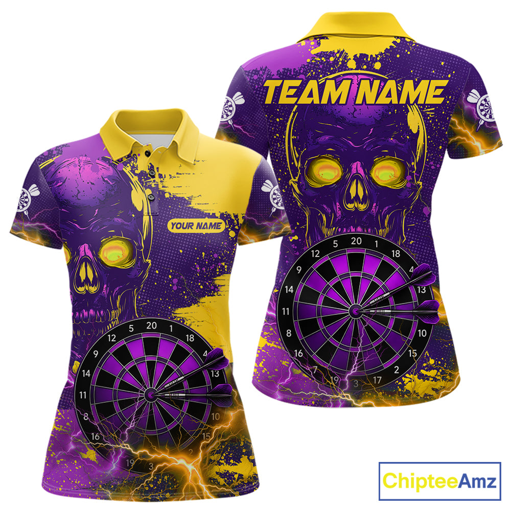 Skull Thunder Women's Dart Polo Shirt, Purple Yellow Splatter Dart Team Jersey, Personalized Skull Performance Polo, Gothic Thunder Sportswear