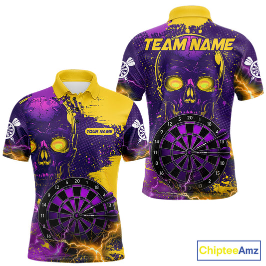 Skull Thunder Men's Dart Polo Shirt, Personalized Purple Yellow Dart League Jersey, Athletic Apparel