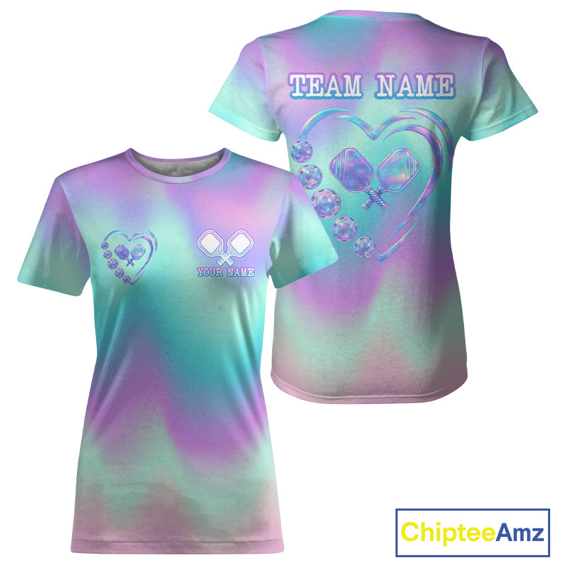 Personalized Holographic Love Pickleball Ball T-Shirt Holo Pickleball Jersey For Women NYN1231