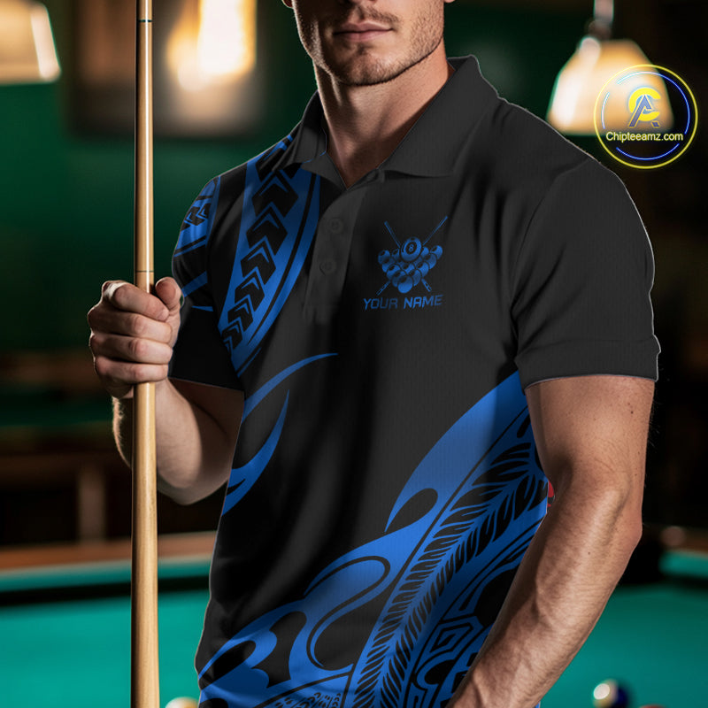 Black & Blue Tribal Pattern Billiard Shirts For Men Custom 8 Ball Billiard Team Shirts NYN4657