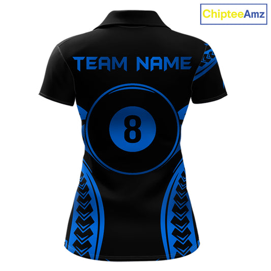 Black & Blue Tribal Pattern Billiard Shirts For Women Custom 8 Ball Billiard Team Shirts NYN4657
