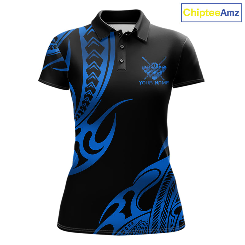 Black & Blue Tribal Pattern Billiard Shirts For Women Custom 8 Ball Billiard Team Shirts NYN4657