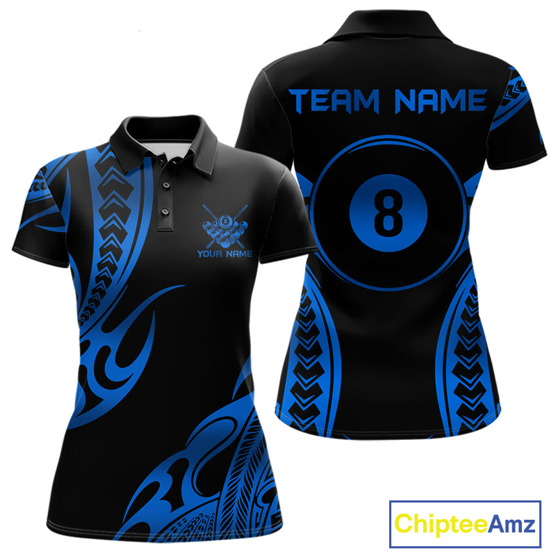 Black & Blue Tribal Pattern Billiard Shirts For Women Custom 8 Ball Billiard Team Shirts NYN4657