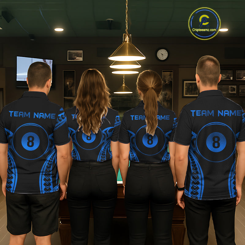 Black & Blue Tribal Pattern Billiard Shirts For Men Custom 8 Ball Billiard Team Shirts NYN4657