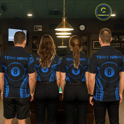 Black & Blue Tribal Pattern Billiard Shirts For Men Custom 8 Ball Billiard Team Shirts NYN4657
