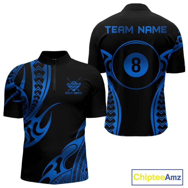 Black & Blue Tribal Pattern Billiard Shirts For Men Custom 8 Ball Billiard Team Shirts NYN4657