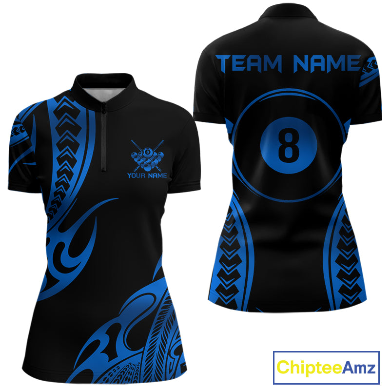 Black & Blue Tribal Pattern Billiard Shirts For Women Custom 8 Ball Billiard Team Shirts NYN4657