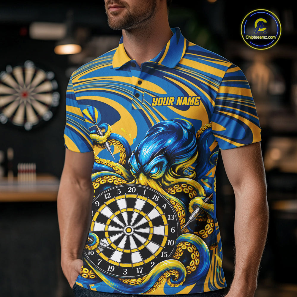 Custom Funny Octopus Dart Polo 1/4-Zip Shirt For Men Blue Yellow Swirl Darts Tournament Team Shirt NYN4670