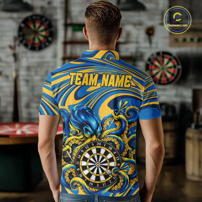Custom Funny Octopus Dart Polo 1/4-Zip Shirt For Men Blue Yellow Swirl Darts Tournament Team Shirt NYN4670