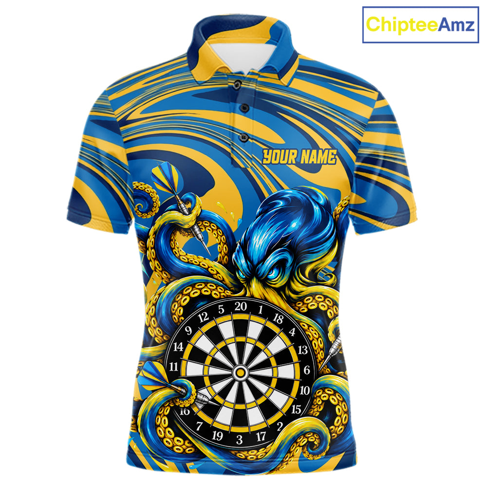Custom Funny Octopus Dart Polo 1/4-Zip Shirt For Men Blue Yellow Swirl Darts Tournament Team Shirt NYN4670