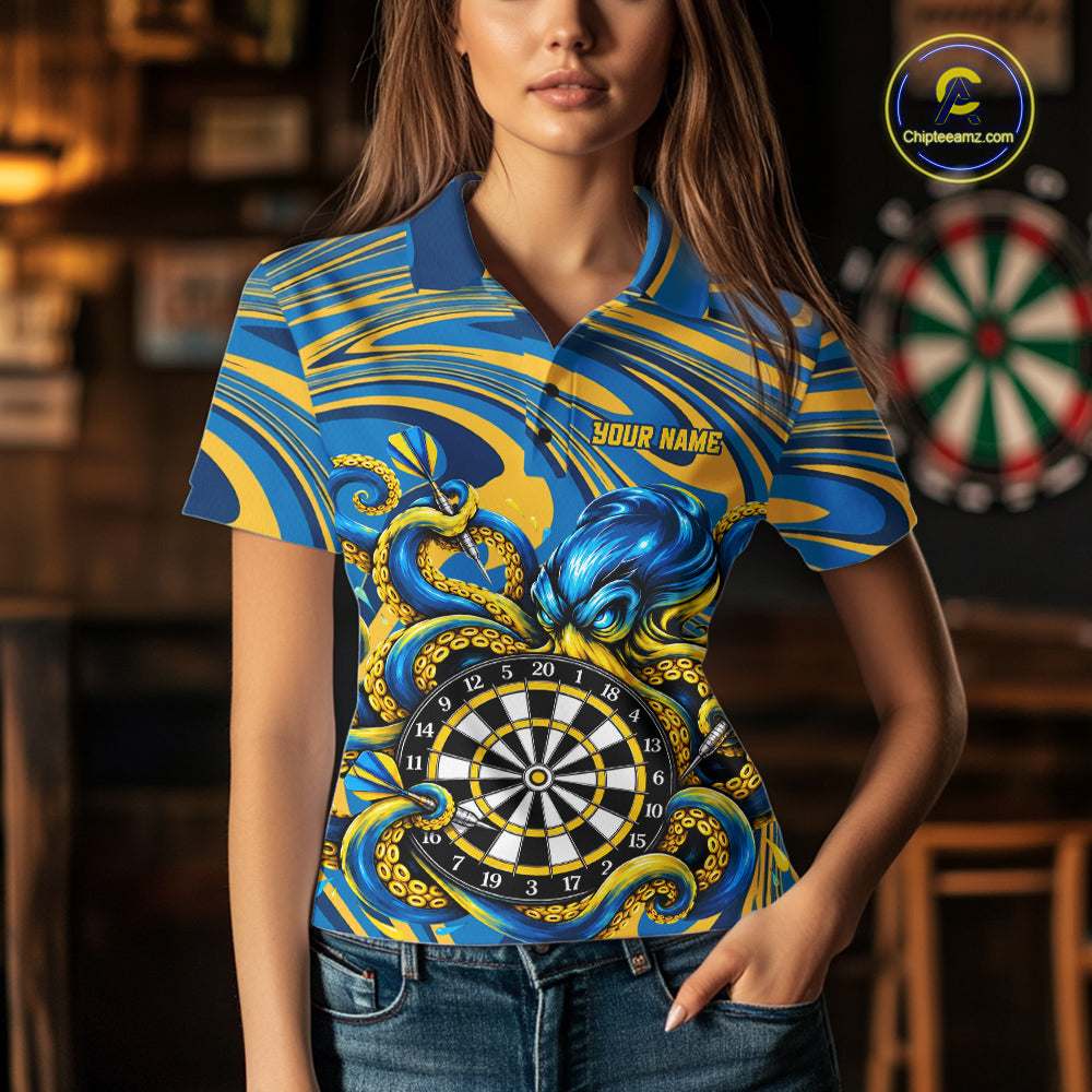 Custom Funny Octopus Dart Polo 1/4-Zip Shirt For Women Blue Yellow Swirl Darts Tournament Team Shirt NYN4670
