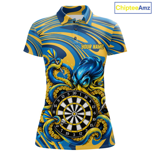 Custom Funny Octopus Dart Polo 1/4-Zip Shirt For Women Blue Yellow Swirl Darts Tournament Team Shirt NYN4670