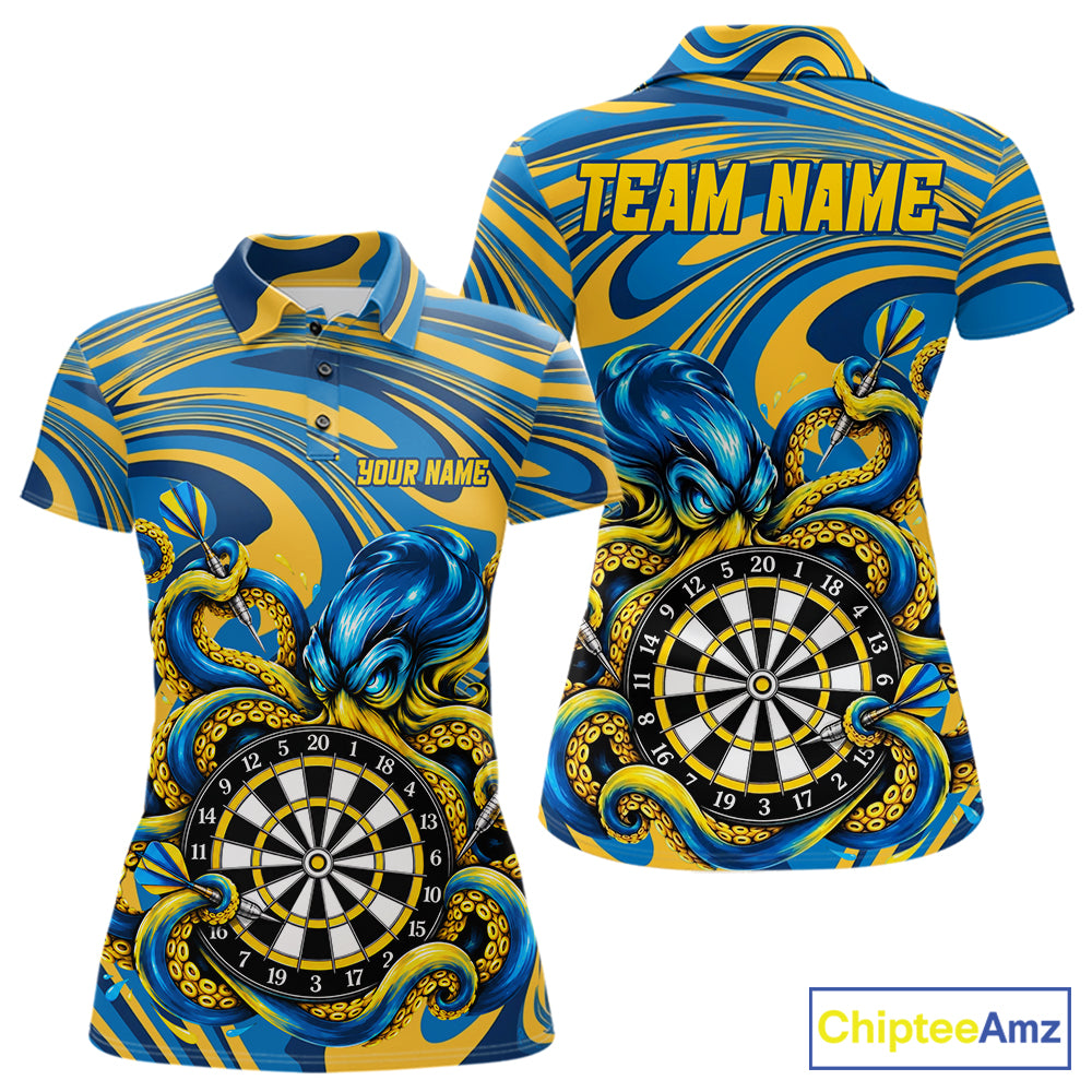 Custom Funny Octopus Dart Polo 1/4-Zip Shirt For Women Blue Yellow Swirl Darts Tournament Team Shirt NYN4670