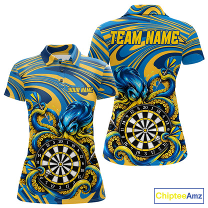 Custom Funny Octopus Dart Polo 1/4-Zip Shirt For Women Blue Yellow Swirl Darts Tournament Team Shirt NYN4670