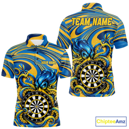 Custom Funny Octopus Dart Polo 1/4-Zip Shirt For Men Blue Yellow Swirl Darts Tournament Team Shirt NYN4670