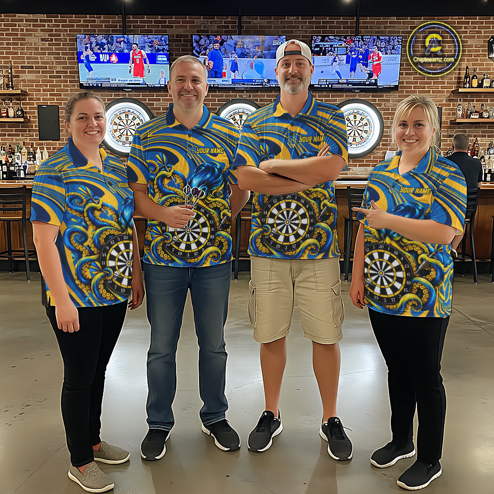Custom Funny Octopus Dart Polo 1/4-Zip Shirt For Women Blue Yellow Swirl Darts Tournament Team Shirt NYN4670