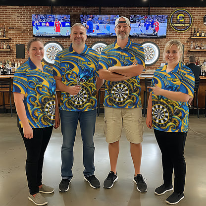 Custom Funny Octopus Dart Polo 1/4-Zip Shirt For Women Blue Yellow Swirl Darts Tournament Team Shirt NYN4670