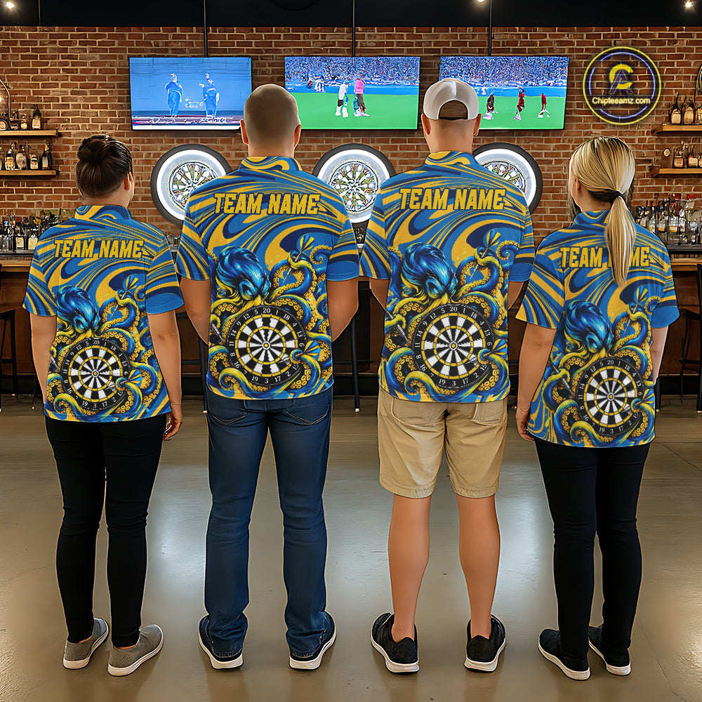 Custom Funny Octopus Dart Polo 1/4-Zip Shirt For Women Blue Yellow Swirl Darts Tournament Team Shirt NYN4670