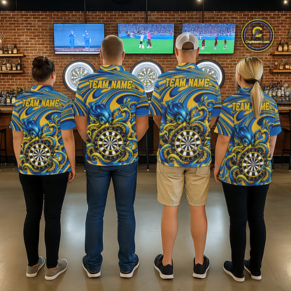 Custom Funny Octopus Dart Polo 1/4-Zip Shirt For Women Blue Yellow Swirl Darts Tournament Team Shirt NYN4670