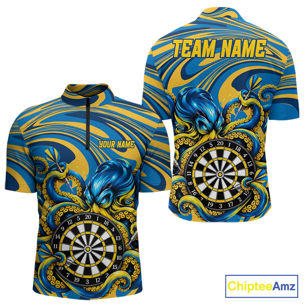 Custom Funny Octopus Dart Polo 1/4-Zip Shirt For Men Blue Yellow Swirl Darts Tournament Team Shirt NYN4670