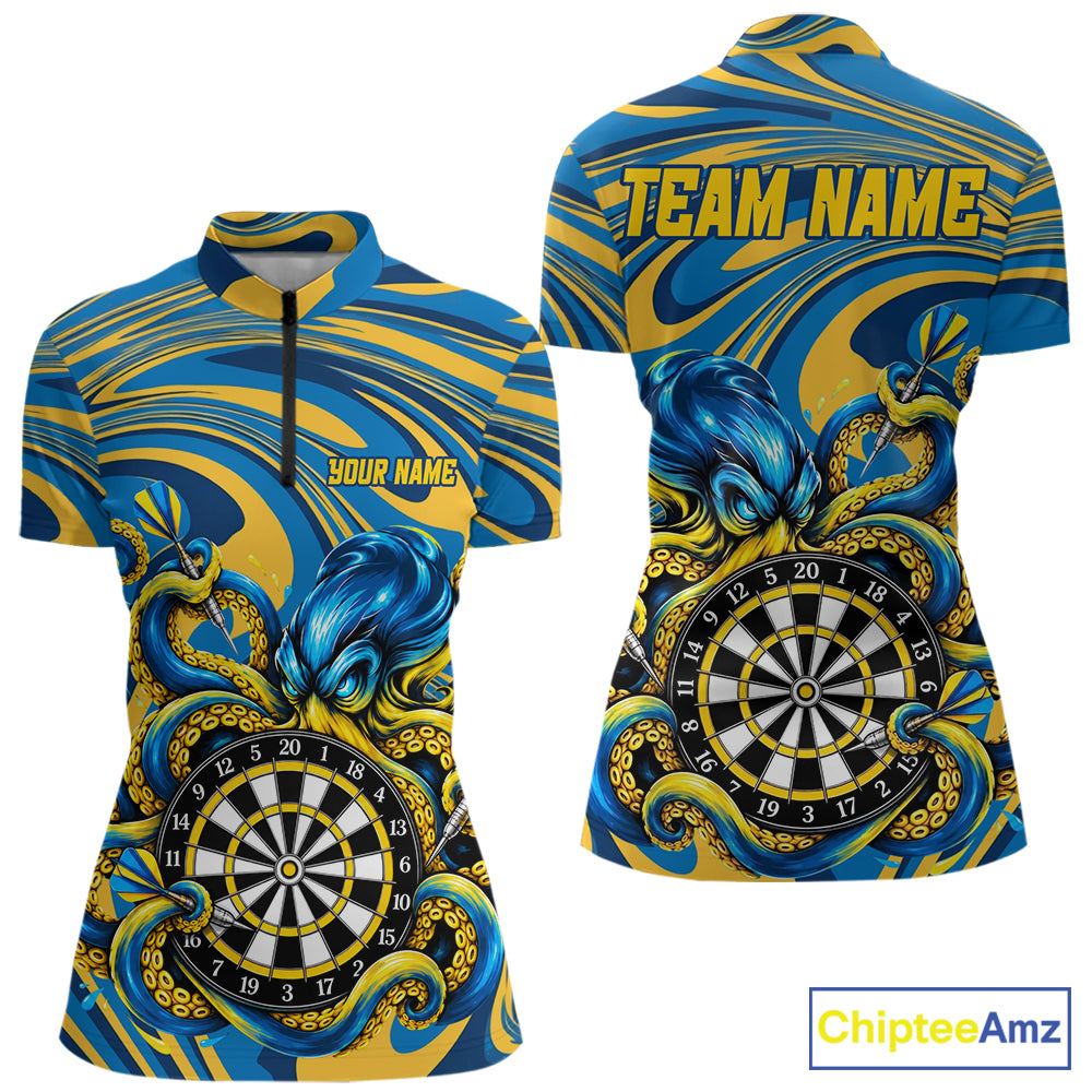 Custom Funny Octopus Dart Polo 1/4-Zip Shirt For Women Blue Yellow Swirl Darts Tournament Team Shirt NYN4670
