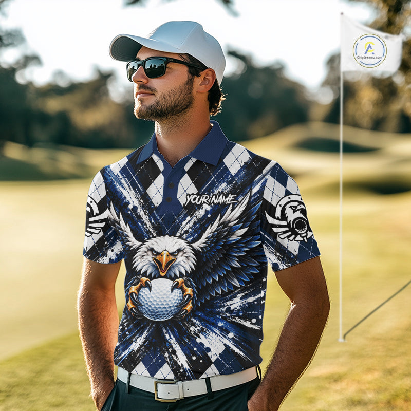 Navy Blue Argyle Eagle Golf Polo Shirt For Men Custom Grunge  Argyle Golf Team Tournament Apparel NYN5036